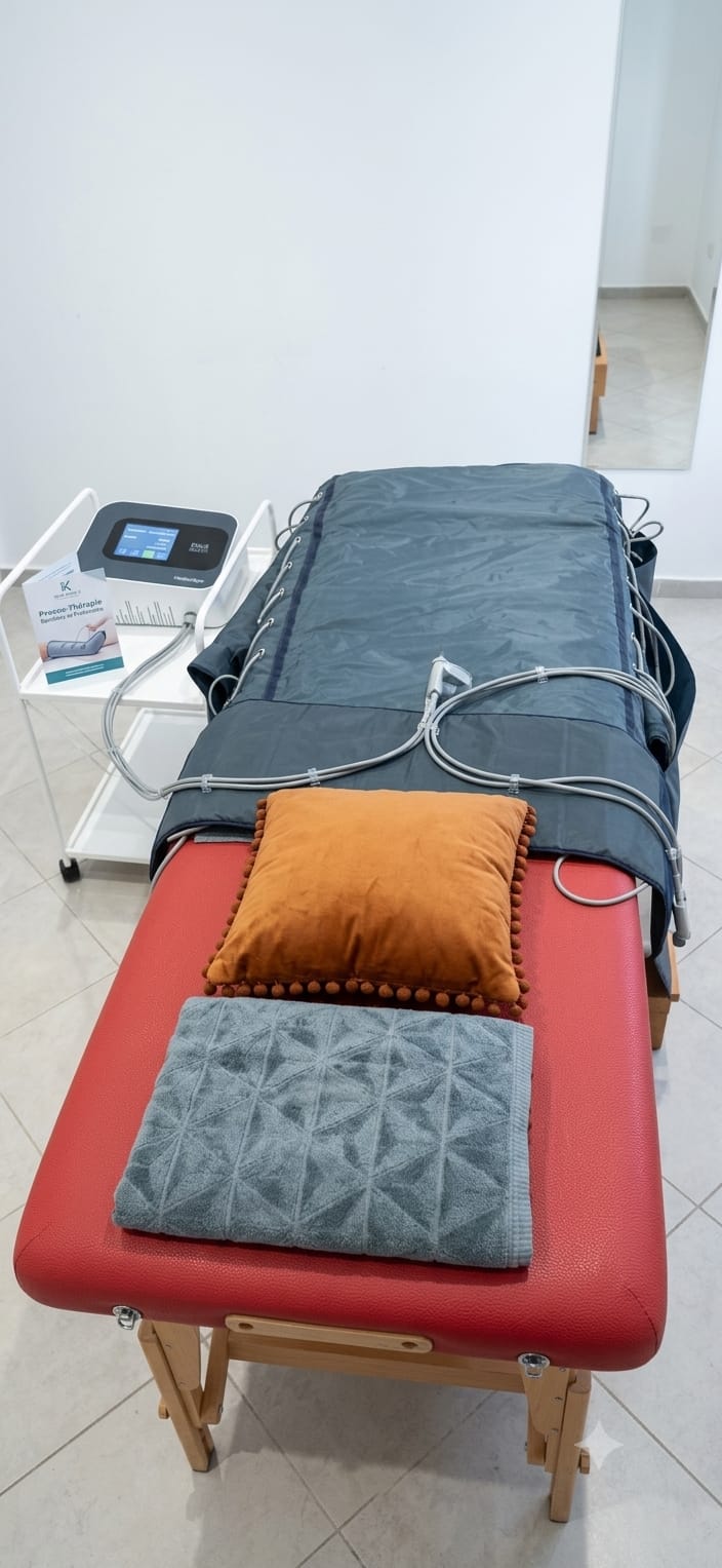 Séance de pressothérapie avec appareil de drainage lymphatique et récupération circulatoire chez Kiné Expert by Ouissal Khaber
